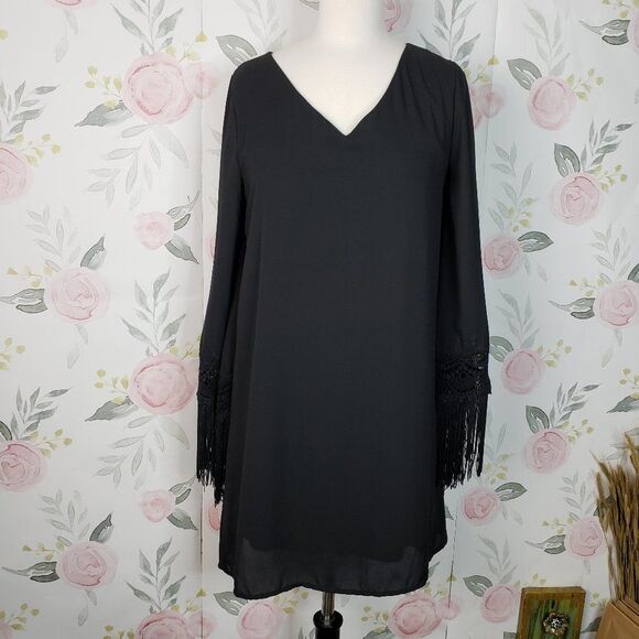 Groovy Black Chiffon Casual Fringe Dress womens S small  V Neck Knee Length - Picture 1 of 8